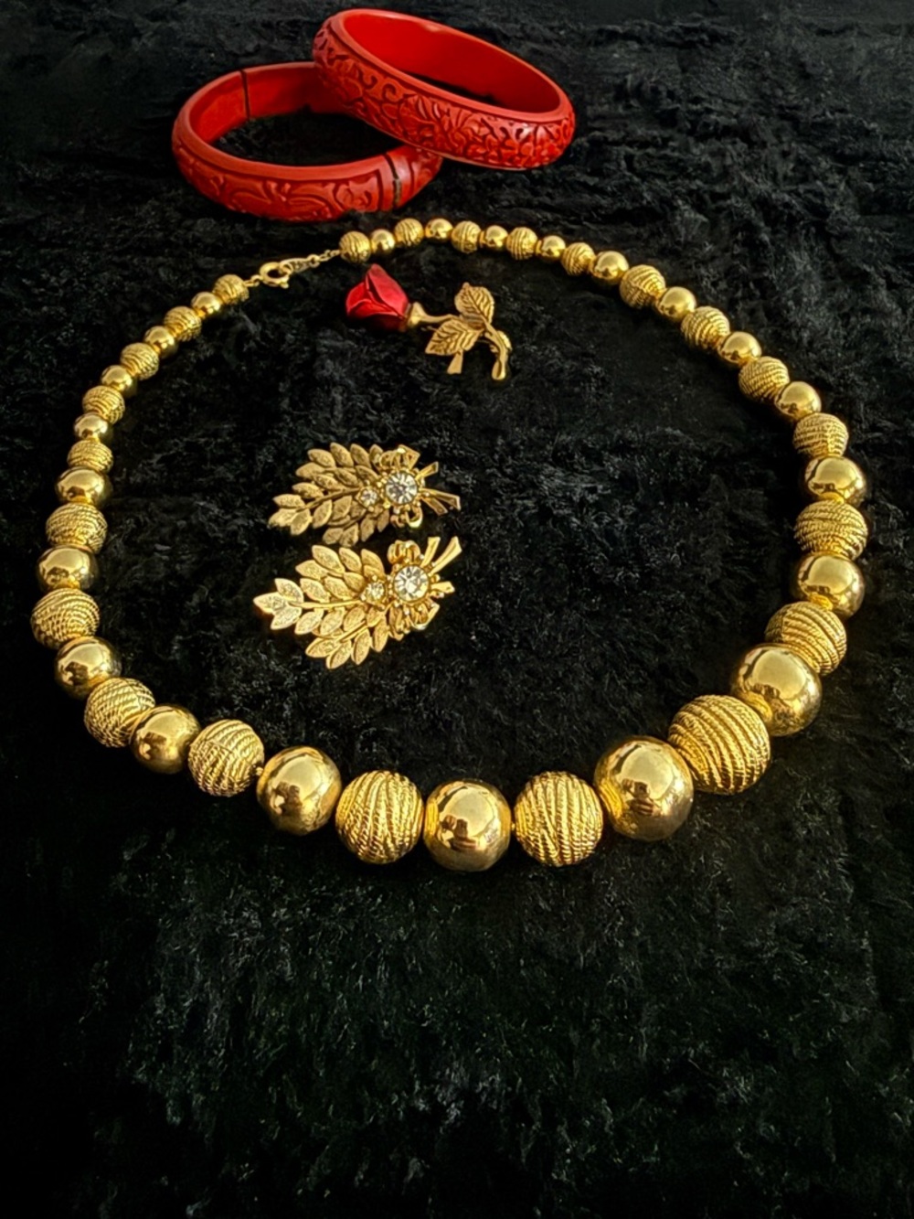 Curated Vintage Red & Gold 4 Pc Jewelry Set Sarah Coventry Cinnabar Style